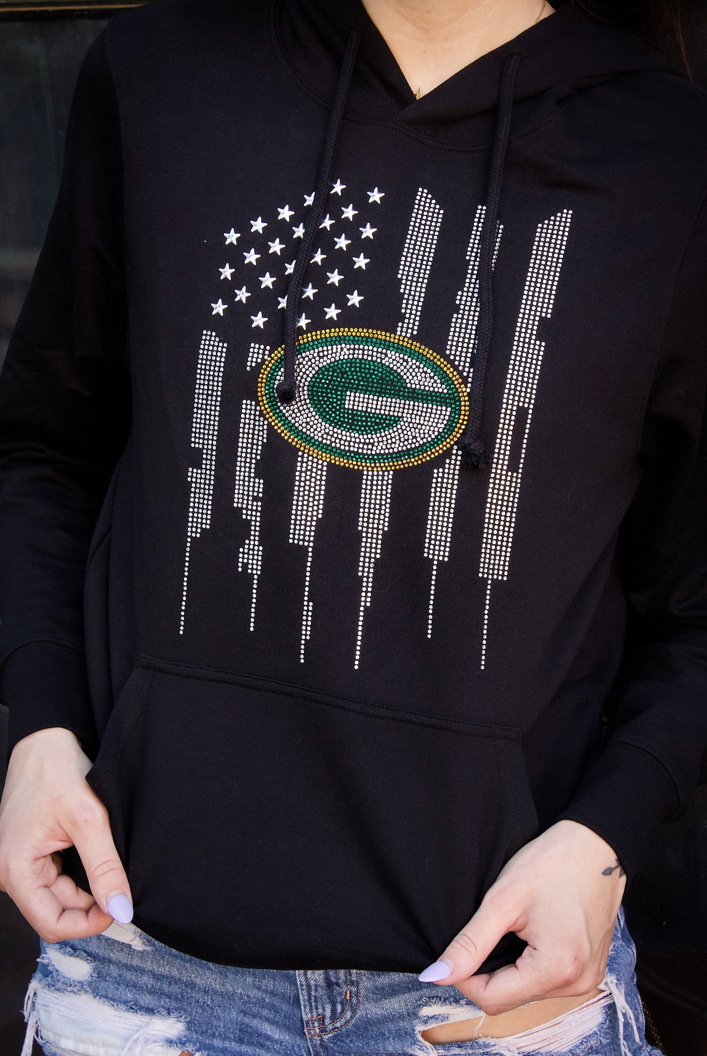 Green Bay Packers Black Hoodie, Rhinestone Bling Packers Sweatshirt