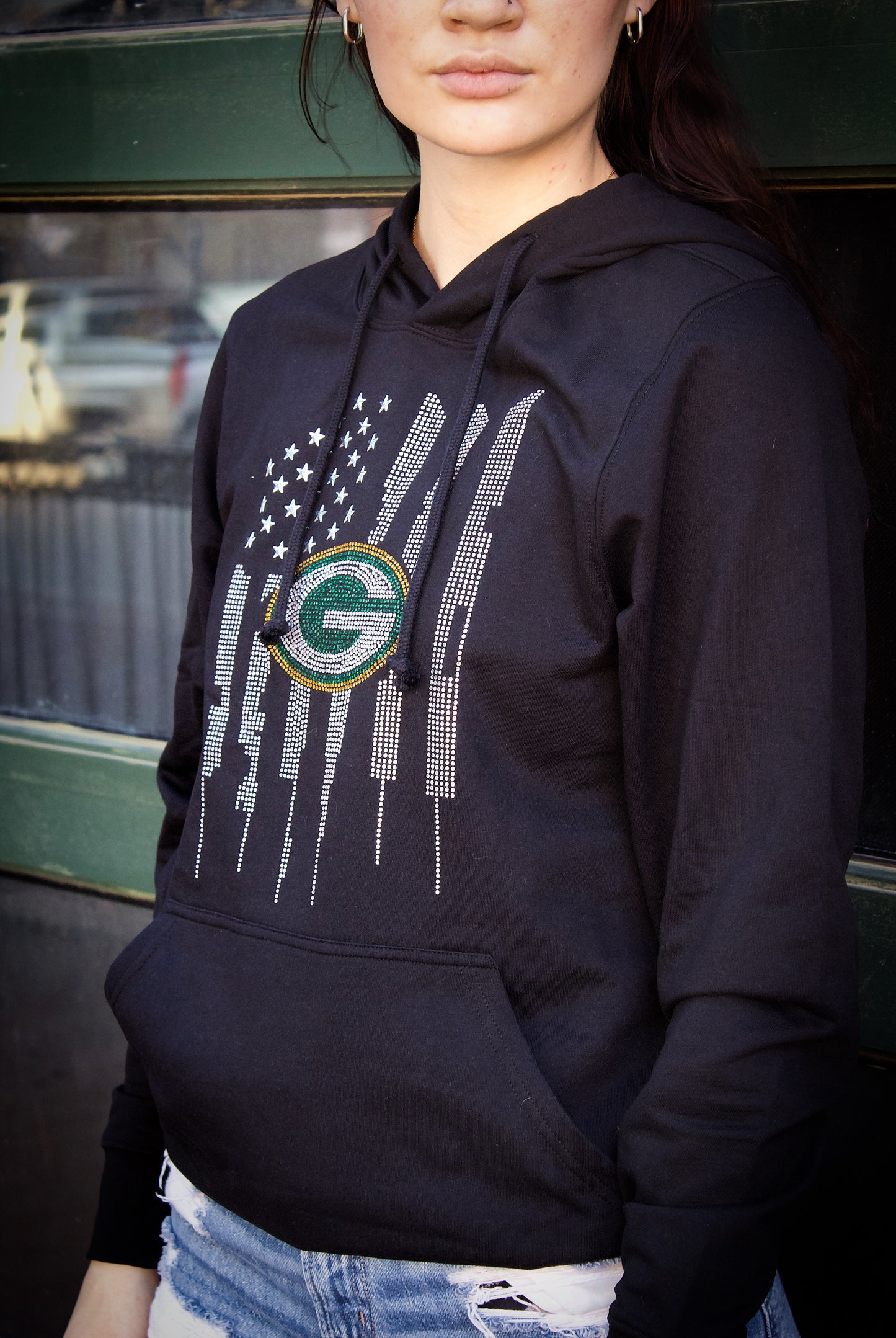 Green Bay Packers Black Hoodie, Rhinestone Bling Packers Sweatshirt