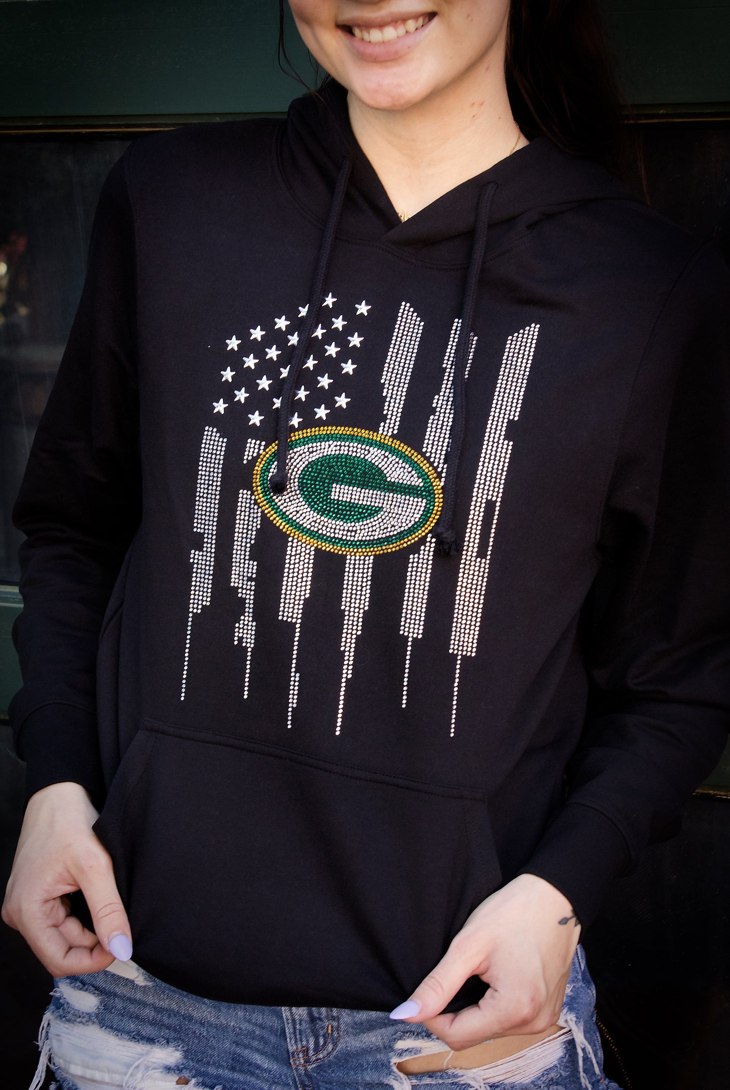 Green Bay Packers Black Hoodie, Rhinestone Bling Packers Sweatshirt